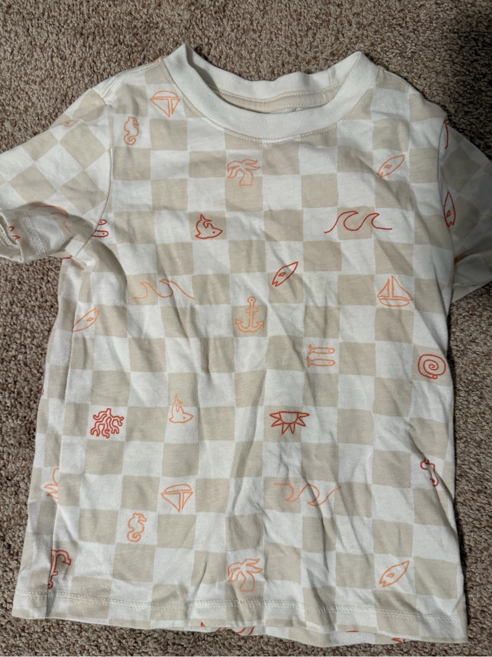 Cat & Jack Beige Checkerboard Tee with Orange Nautical Icons
